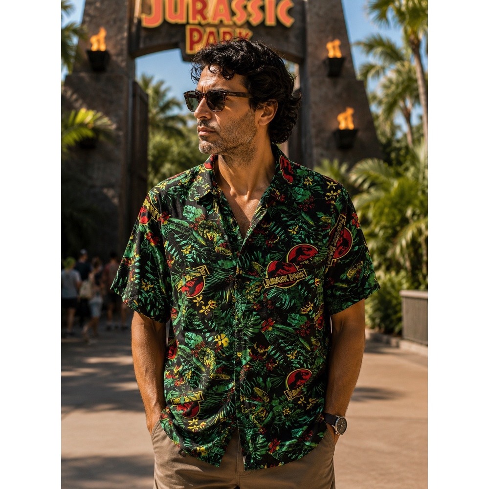 Jurassic World Park Mens Medium Short Sleeve Button Down Tropical Logo Shirt